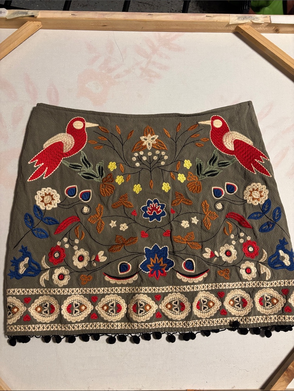 Umgee Olive Green Embroidered Mini Skirt with Red Bird Detail